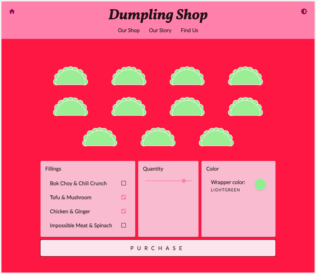 Shop-Website von Dumpling Time in rotem und rosa Design mit aktiviertem Modus mit hohem Kontrast und der Schaltfläche „Kaufen“ mit einem starken roten Umriss. 