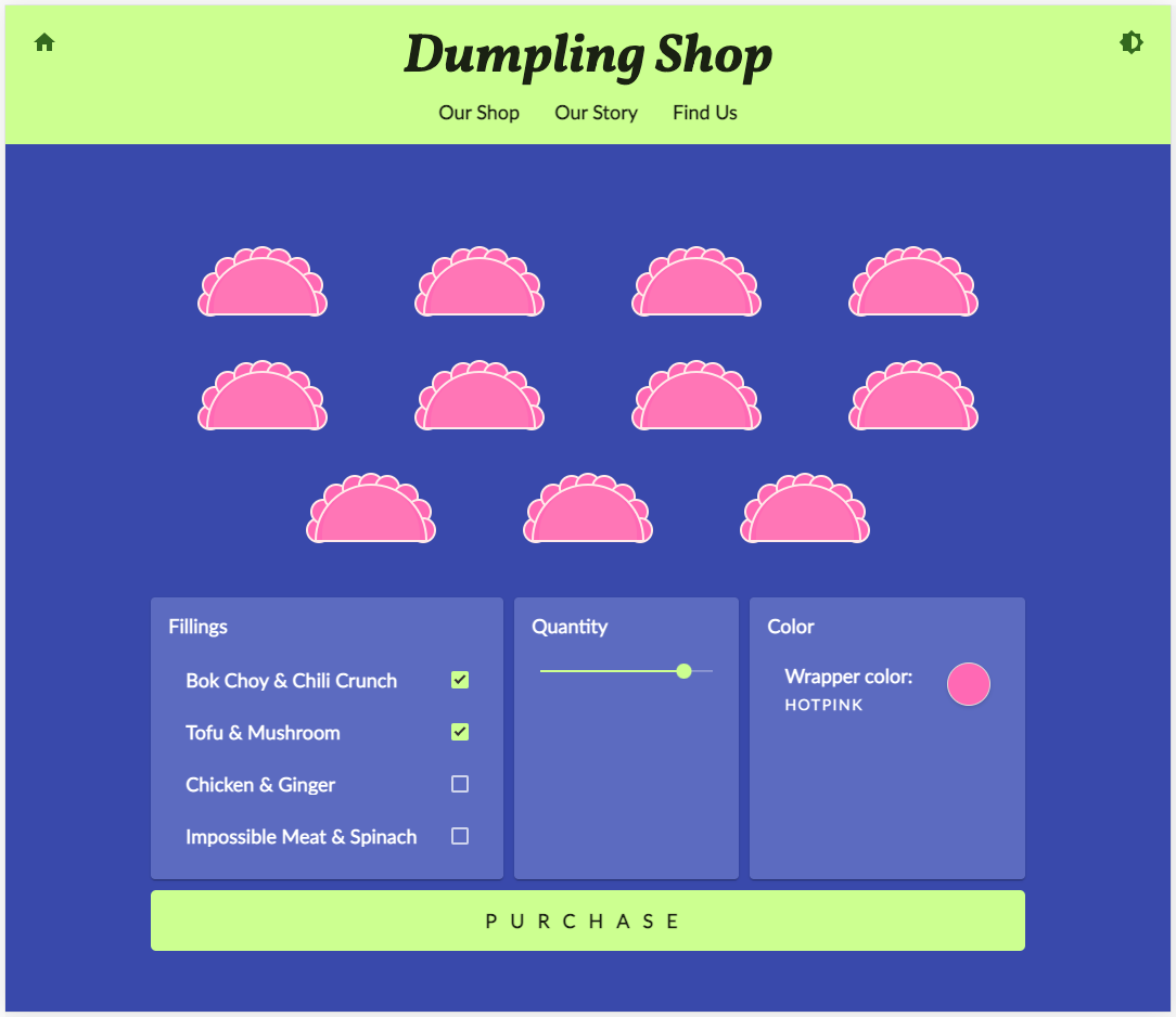 Die Shop-Website von Dumpling Time im blauen und grünen Design zeigt alle Änderungen, die in diesem Codelab vorgenommen wurden