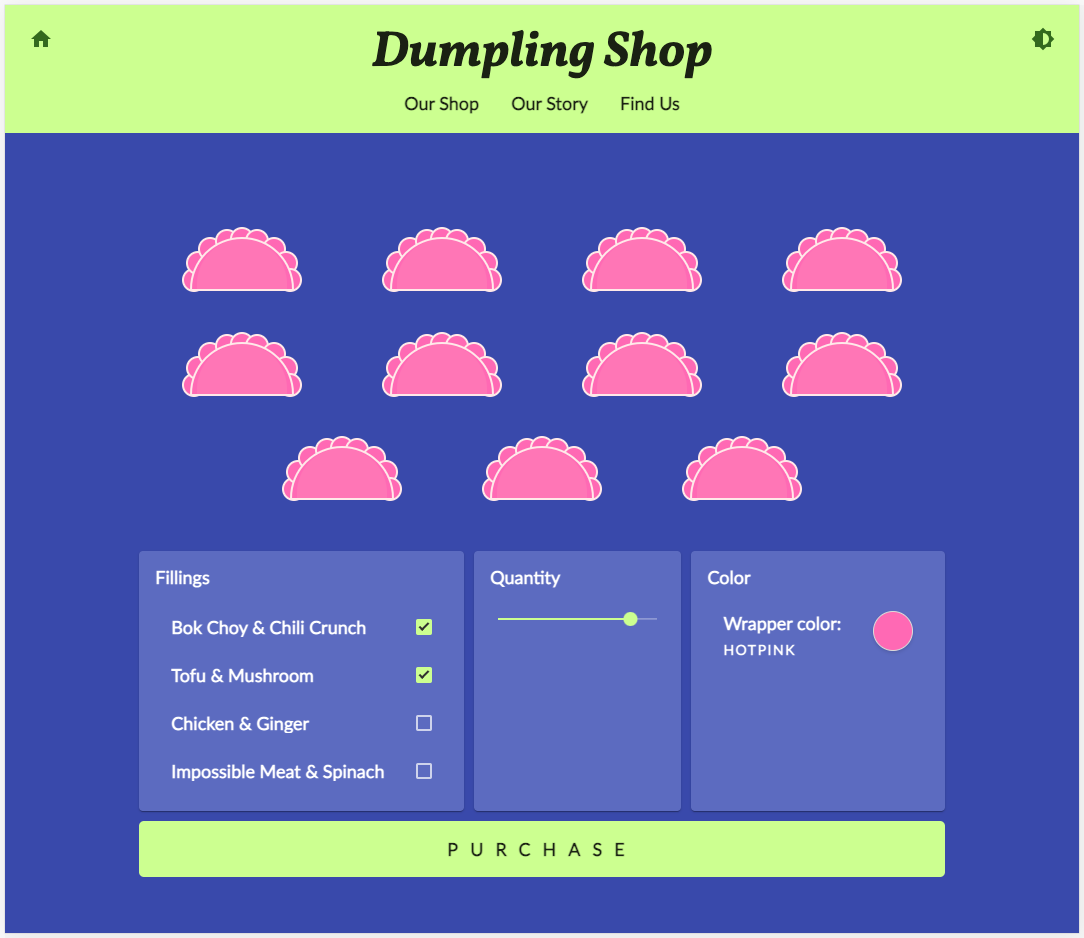Mavi ve yeşil temalı Dumpling Time mağaza web sitesi, bu codelab&#39;de yapılan tüm değişiklikleri gösterir
