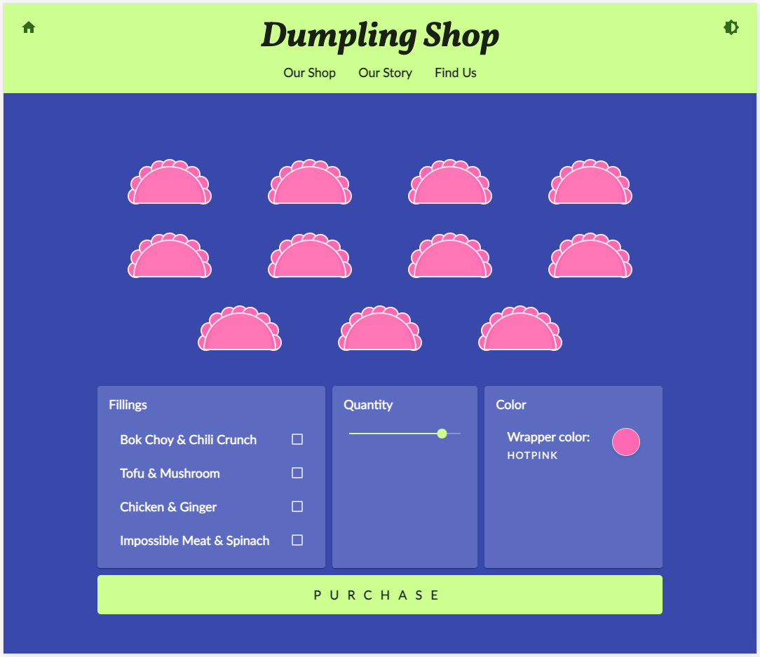 Dumpling Time shop website in purple and green theme