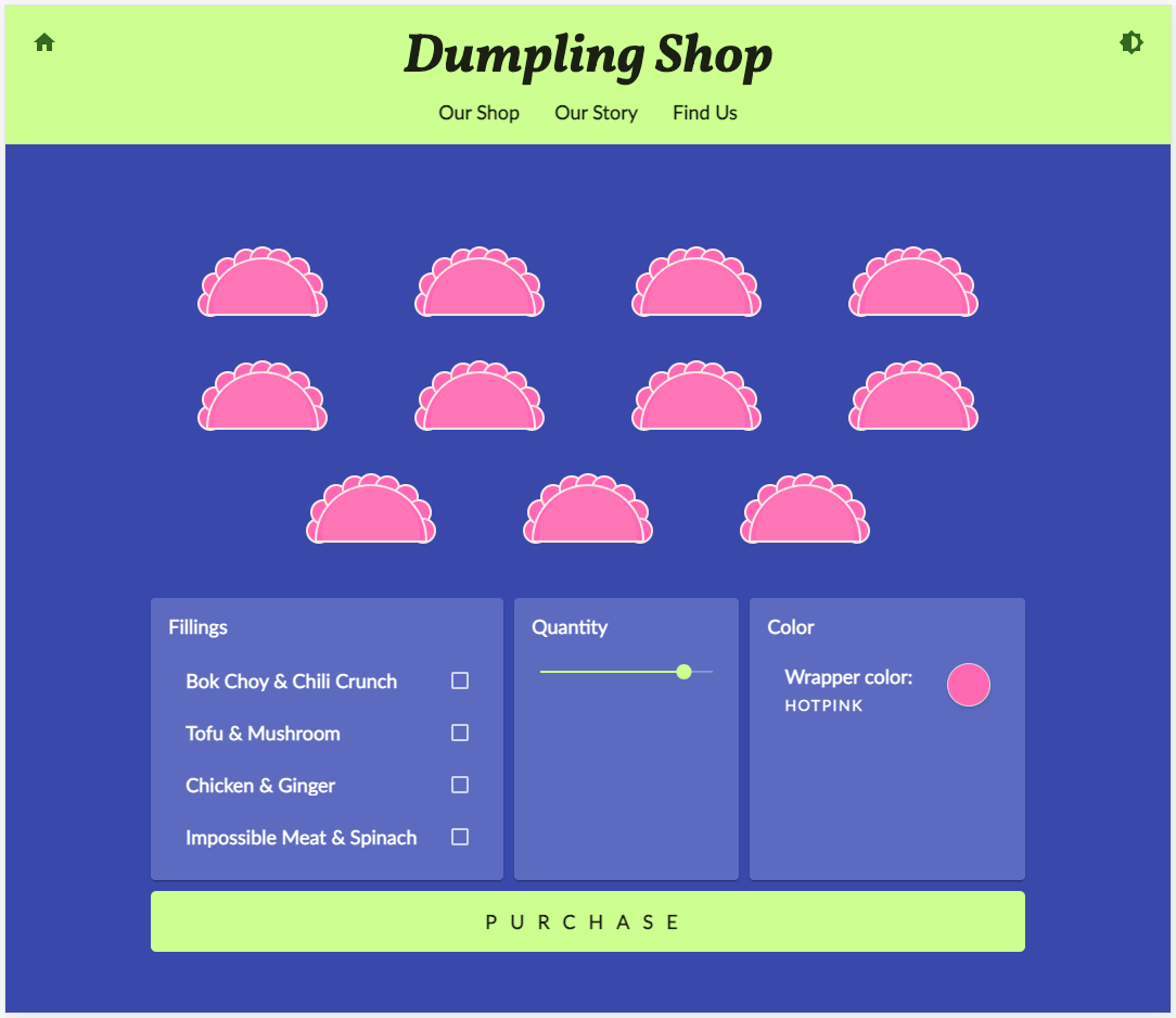 Website des Shops von Dumpling Time im lila-grünen Design