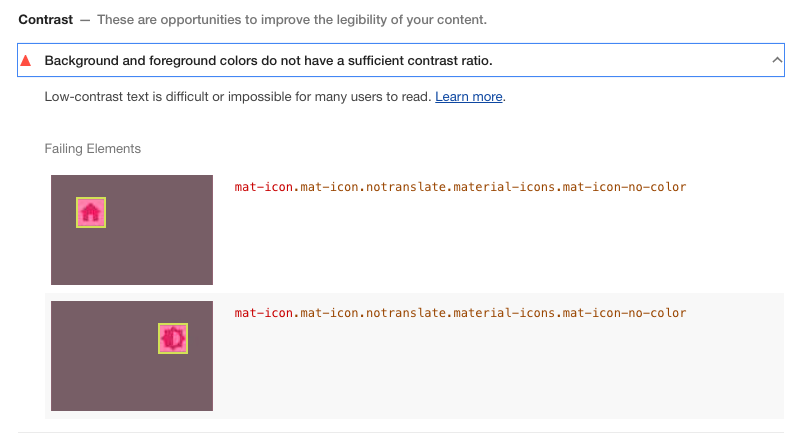 Chrome DevTools के लाइटहाउस ऑडिट के नतीजे गड़बड़ी के साथ दिख रहे हैं: &#39;बैकग्राउंड और फ़ोरग्राउंड के रंगों में कंट्रास्ट रेशियो ज़रूरत के मुताबिक नहीं है&#39;