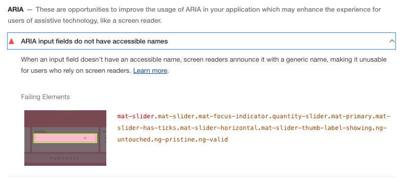 ผลการตรวจสอบ Lighthouse ของ Chrome DevTools มีข้อผิดพลาด:  ช่องป้อนข้อมูล ARIA ไม่มีชื่อสำหรับการช่วยเหลือพิเศษ เมื่อช่องป้อนข้อมูลไม่มีชื่อสำหรับการช่วยเหลือพิเศษ โปรแกรมอ่านหน้าจอจะอ่านปุ่มนั้นโดยใช้ชื่อทั่วไป ซึ่งทำให้ผู้ที่ต้องใช้โปรแกรมอ่านหน้าจอใช้ช่องดังกล่าวไม่ได้ ดูข้อมูลเพิ่มเติม