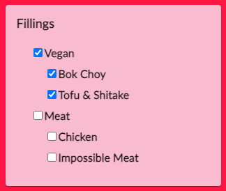 Trình đơn hộp đánh dấu có các lựa chọn: Fillings Vegan Bok Choy Tofu & Thịt gà không thể lấy thịt