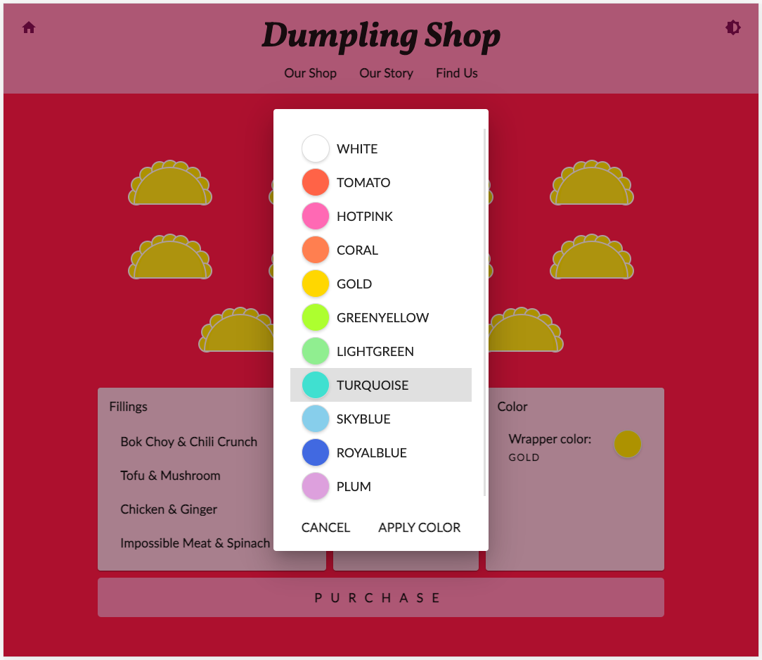 Dumpling Time shop website in pink and red theme with dialog open to select the dumpling wrapping color