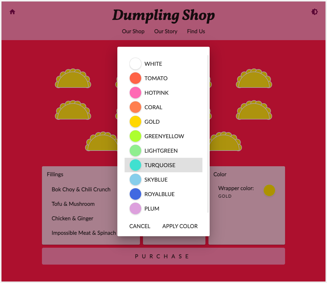 Sito web Dumpling Time shop in tema rosa e rosso con una finestra di dialogo aperta per selezionare il colore del confezionamento dei ravioli