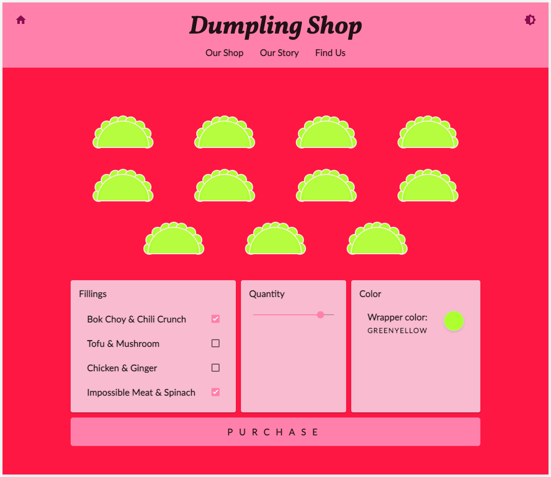 Shop-Website von Dumpling Time im rot-rosa Design zeigt alle Änderungen, die in diesem Codelab vorgenommen wurden