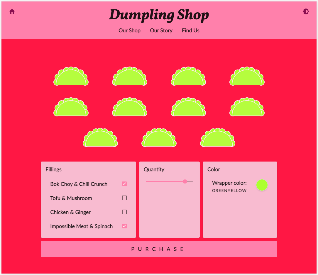 Sito web Dumpling Time Shop con tema rosso e rosa che mostra tutte le modifiche apportate in questo codelab