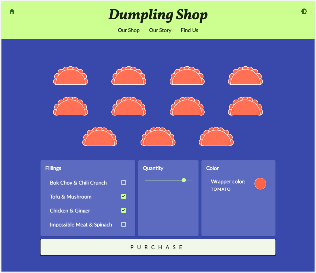 Dumpling Time shop website in blue and green theme with High Contrast Mode on and the purchase button is now strongly focused with a thick blue outline 