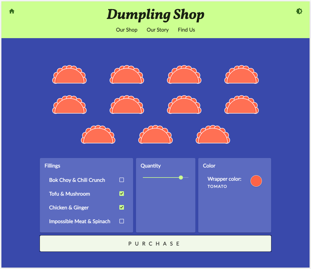 เว็บไซต์ร้านค้า Dumpling Time ในธีมสีน้ำเงินและเขียวโดยเปิดโหมดคอนทราสต์สูง และตอนนี้ปุ่มซื้อดึงดูดความสนใจอย่างมากด้วยเส้นขอบสีน้ำเงินหนา