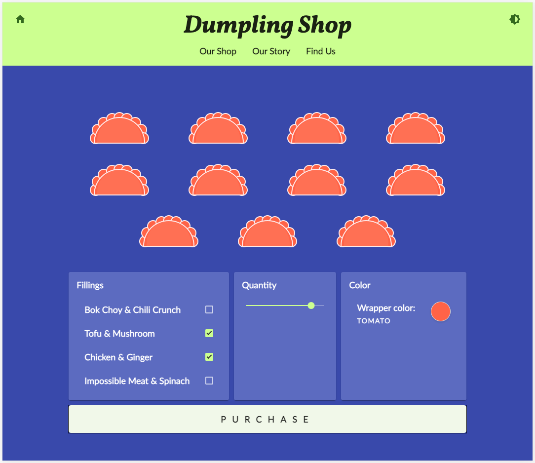 Shop-Website von Dumpling Time im blau-grünen Design mit aktiviertem Modus mit hohem Kontrast und der Schaltfläche „Kaufen“ mit einem dicken blauen Umriss hervorgehoben 