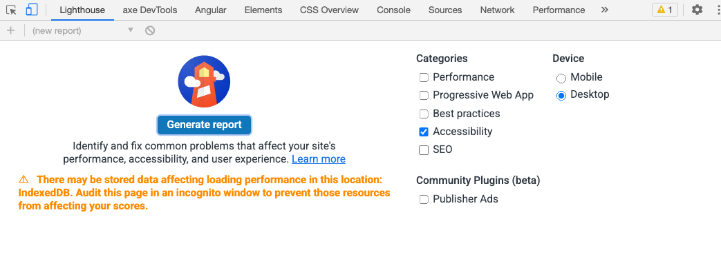 Lighthouse example tab with button to Generate Report in a Chrome DevTools tab