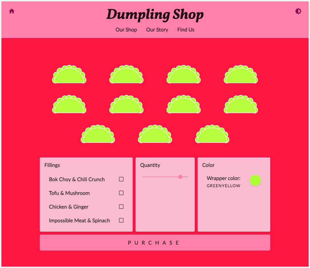 Sito web Dumpling Time shop a tema rosa e rosso