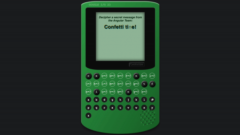 GIF of the Angular Cypher game, with a hidden message being decoded on the screen to spell 'Confetti time!' and confetti poppers going off when the message is solved.