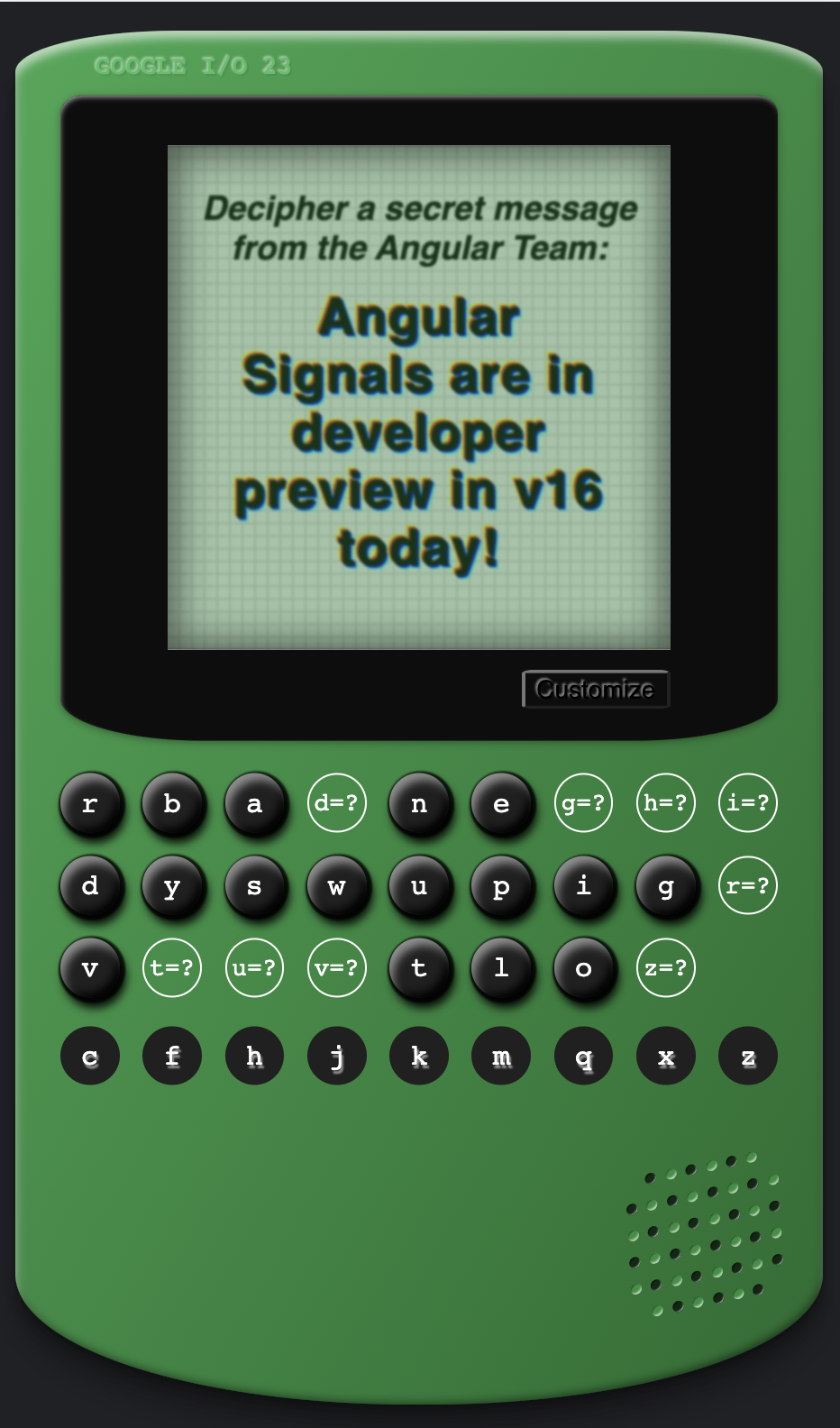 Spiel „Angular Cypher“ gelöst mit einer versteckten Meldung auf dem Bildschirm „Angular Signals sind ab heute in der Entwicklervorschau in Version 16!“