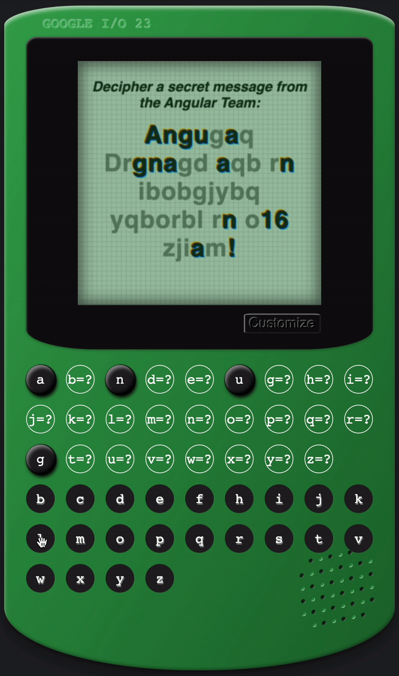 GIF des Spiels „Angular Cypher“ mit einer versteckten Nachricht, die auf dem Bildschirm entschlüsselt wird, um „Angular-Signale sind heute in der Entwicklervorschau in Version 16“ zu schreiben.