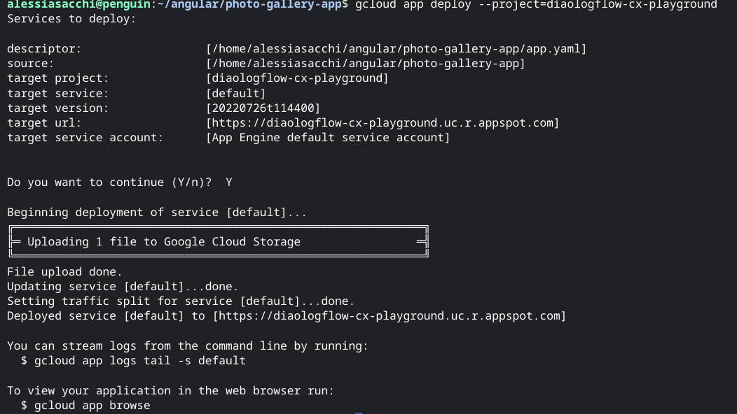 Console output of gcloud app deploy and entering glcoud app browse