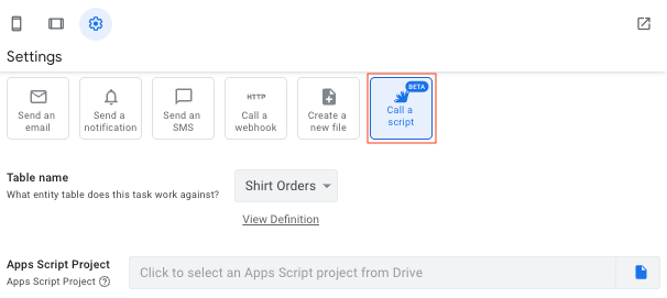 Seleccione el tipo de tarea "Llamar a una secuencia de comandos" en la configuración de automatización.