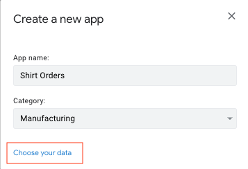 Selecionando &quot;Escolha seus dados&quot; na caixa de diálogo de criação de um novo app.