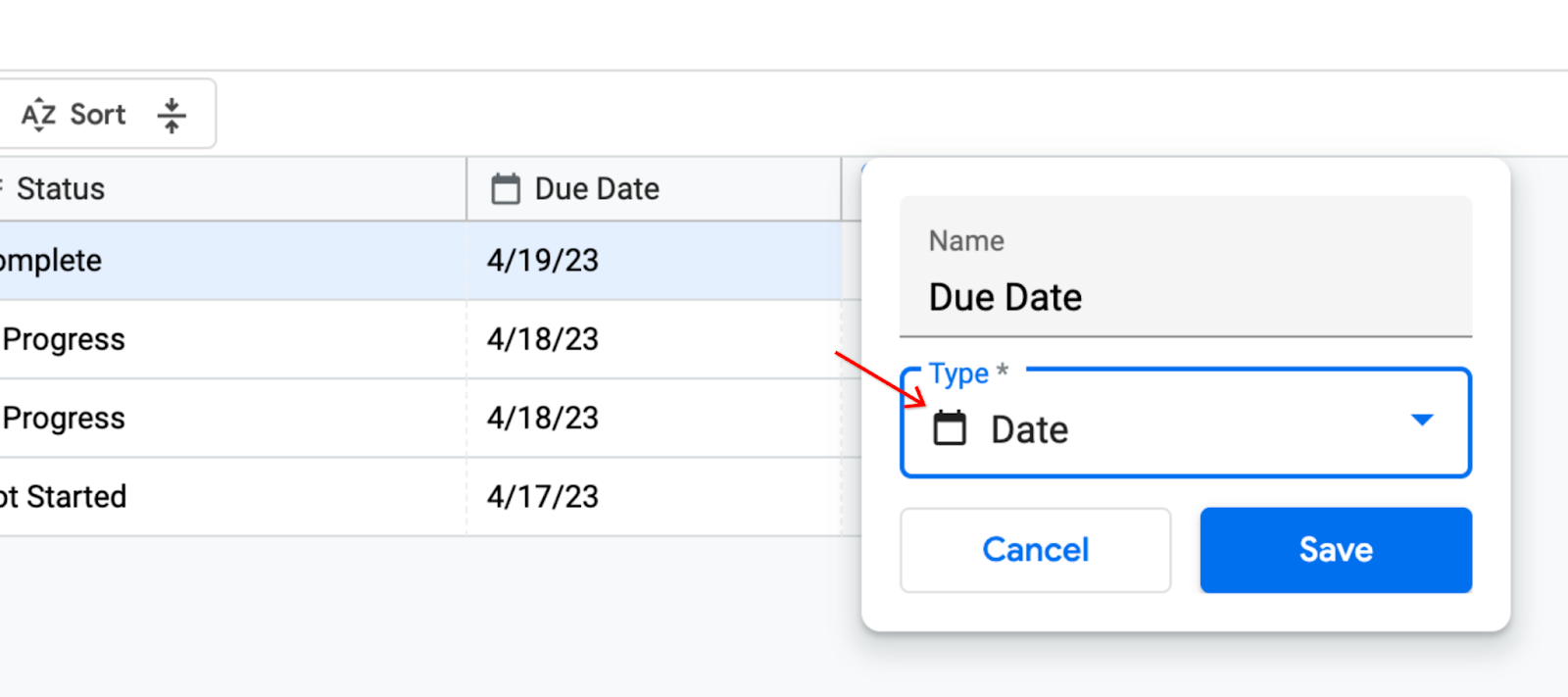 Modificación del tipo de columna Due Date de la tabla Tasks a Date en el editor de la base de datos de AppSheet