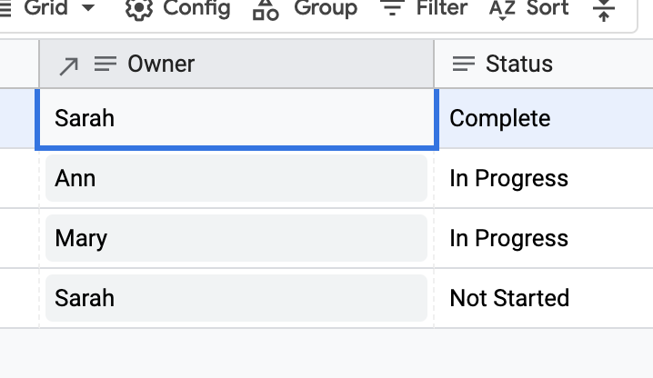 After selecting a different Owner, the Owner's name, Sarah, appears in the Owner column of the Tasks table.
