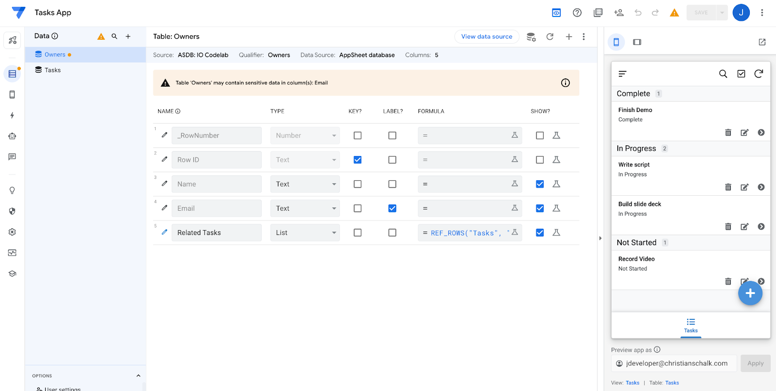 ภาพหน้าจอของแอป AppSheet ที่ไม่มีข้อผิดพลาดเกี่ยวกับการอ้างอิง