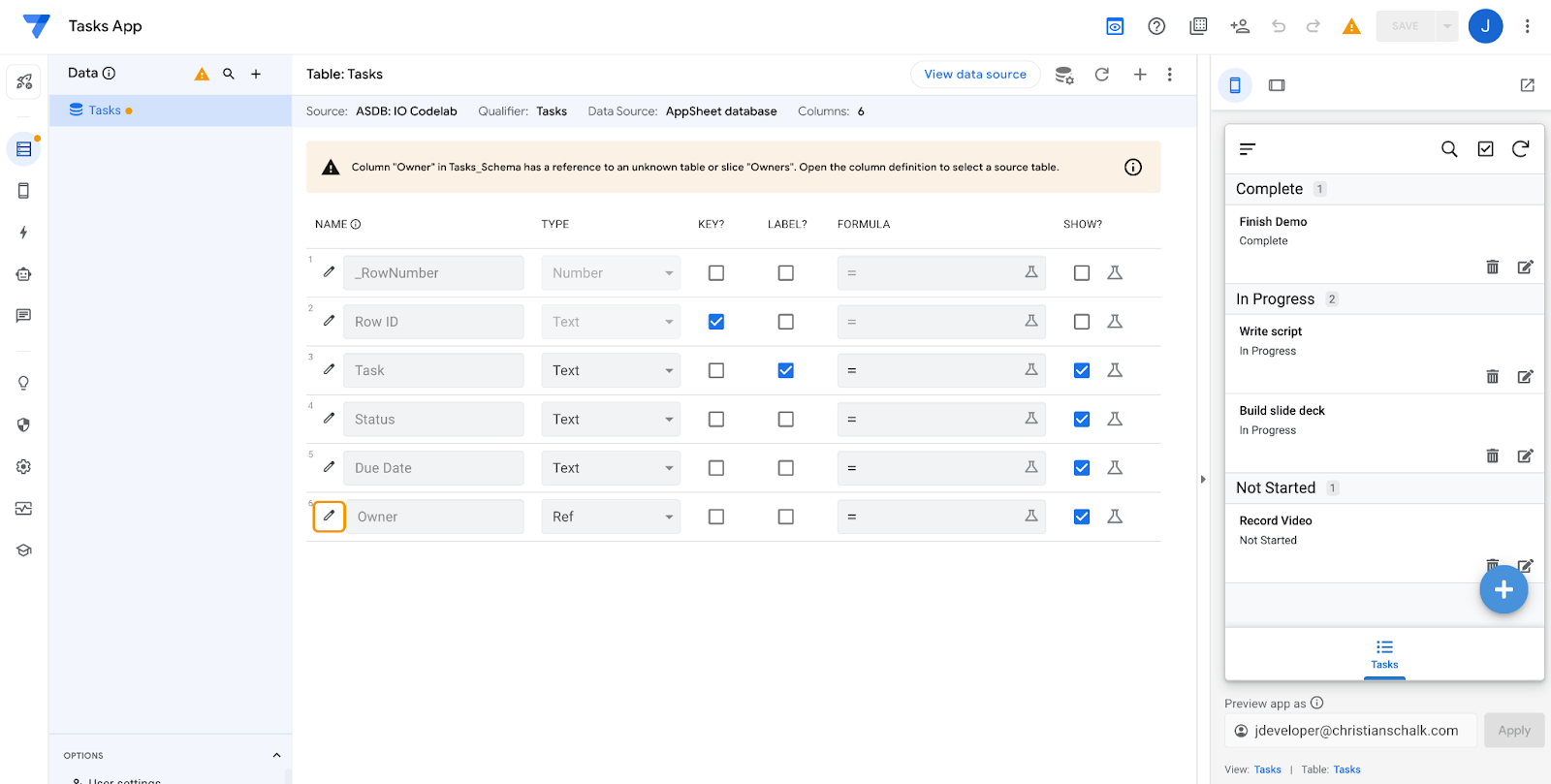 Screenshot aplikasi AppSheet yang dibuat.