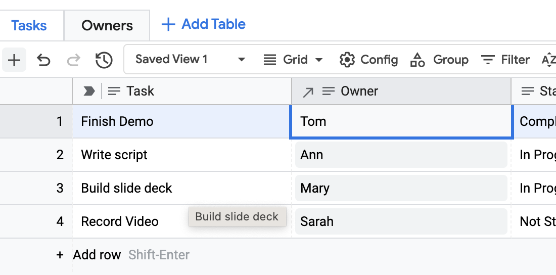 Tasks table in the ASDB editor showing the correct Owner column value.