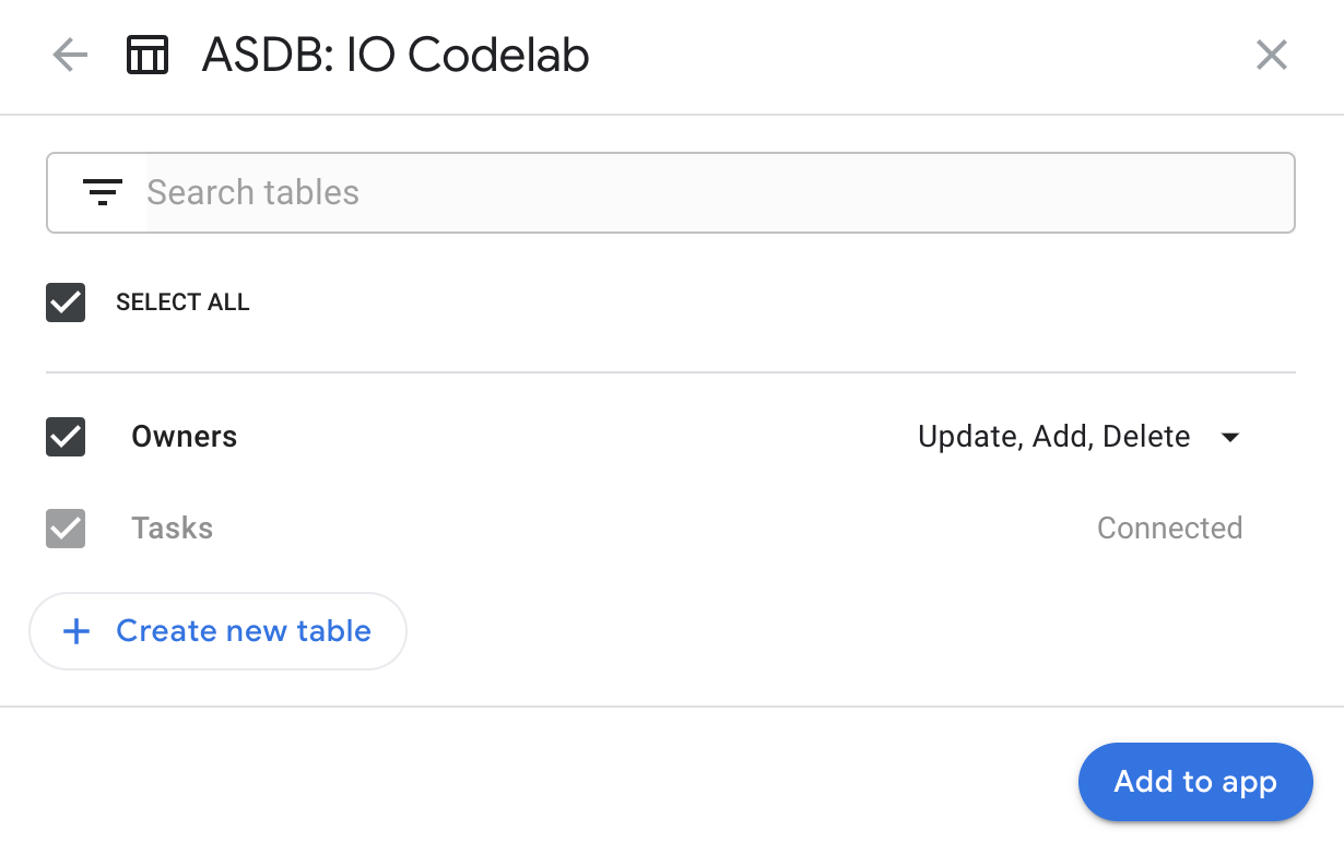 AppSheet アプリに追加する [Owners] テーブルを選択するダイアログ。