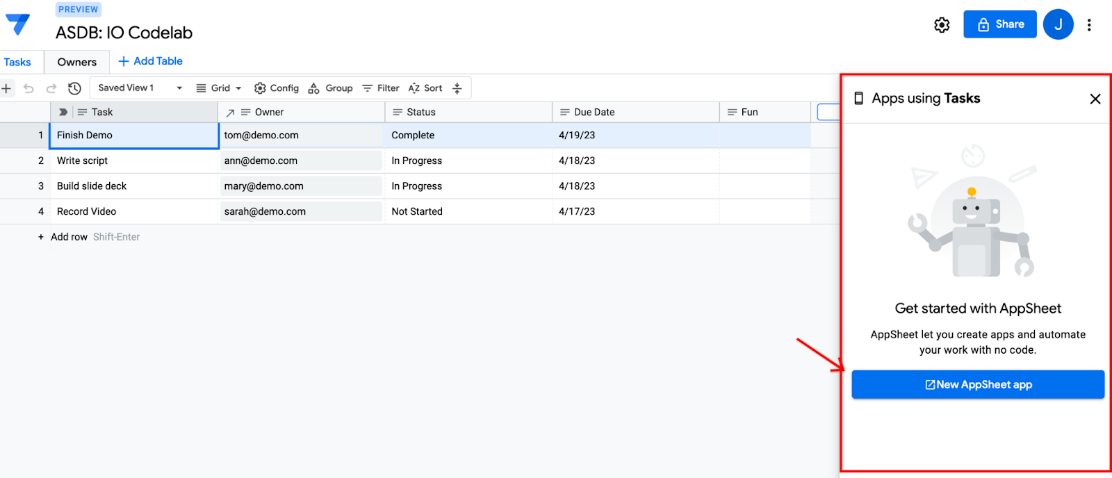 Same screenshot as before, but with the dialog with the 'New AppSheet app' button.