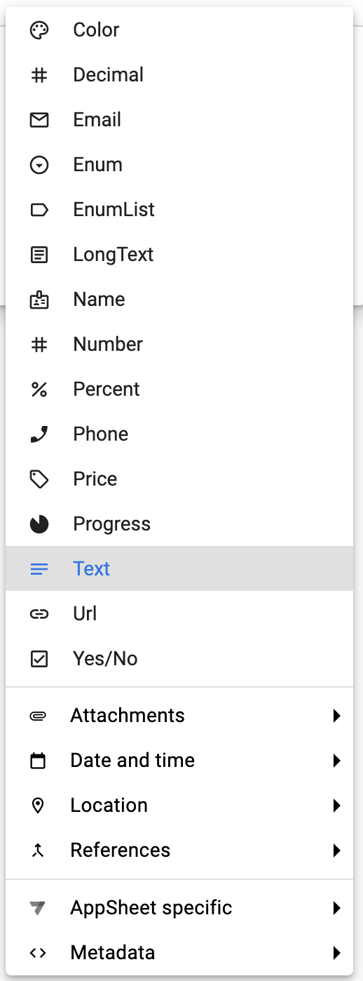 Menu contextuel pour tous les types de données pris en charge dans la base de données AppSheet