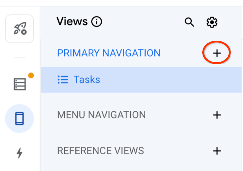 Page "Views" (Vues) avec l'icône "+" entourée en rouge