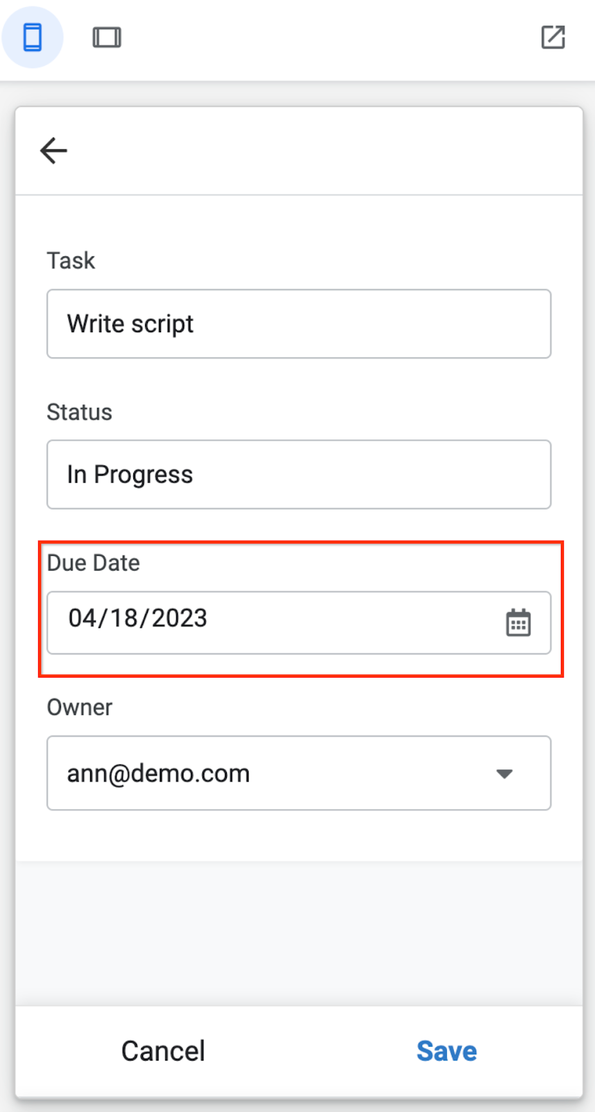 Formulario de edición de la app de AppSheet en el que se muestra el elemento de entrada del selector de fecha