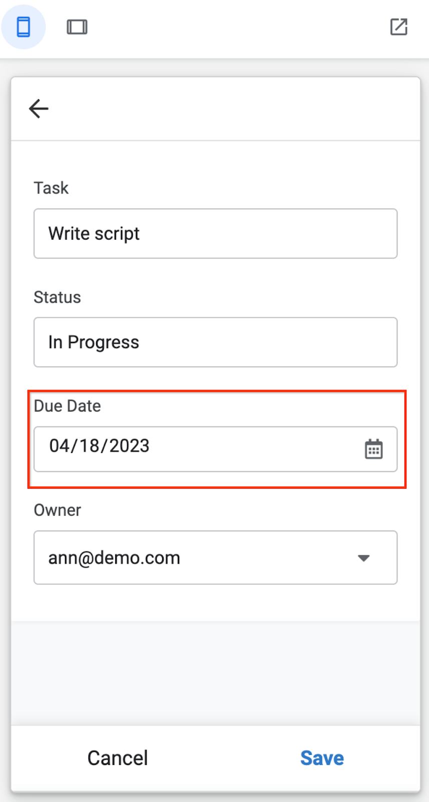 AppSheet ऐप्लिकेशन में बदलाव करने के लिए फ़ॉर्म, जिसमें DatePicer इनपुट एलिमेंट दिख रहा है.