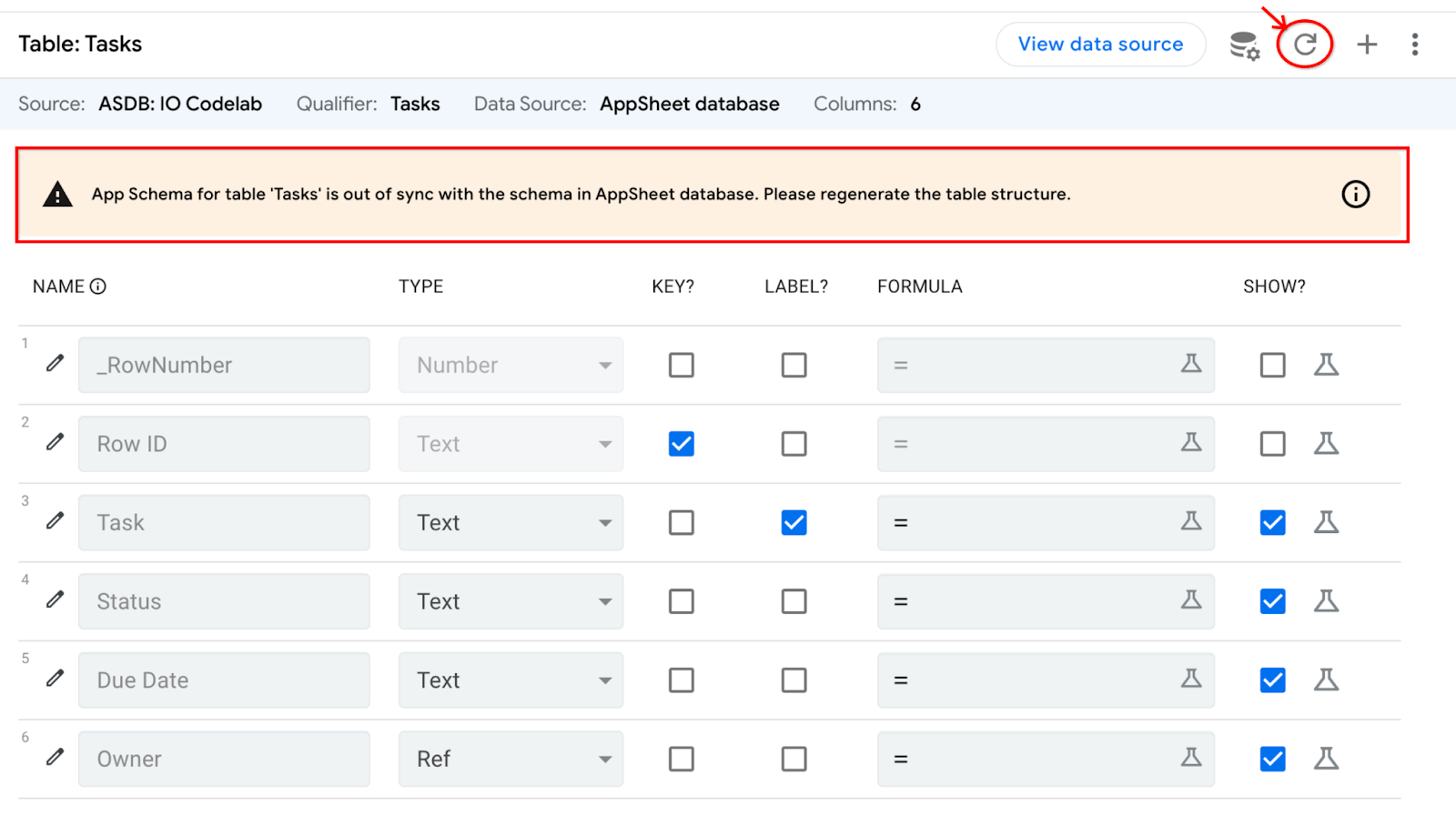 محرر AppSheet اكتشف تغييرًا في المخطط في قاعدة البيانات ويقدم تحذيرًا.