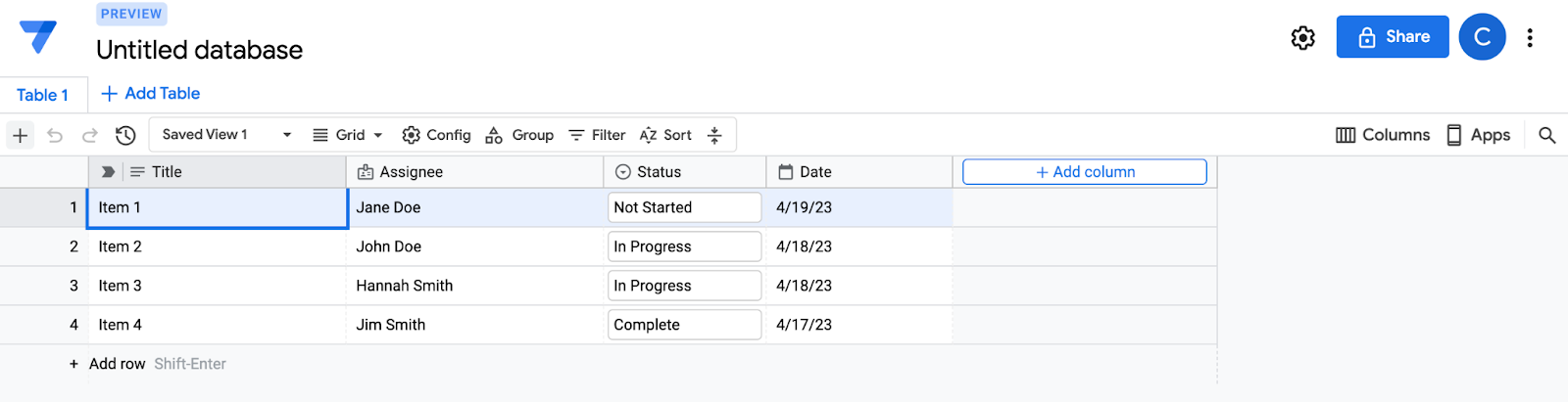 Image of a new example database in the AppSheet database editor.