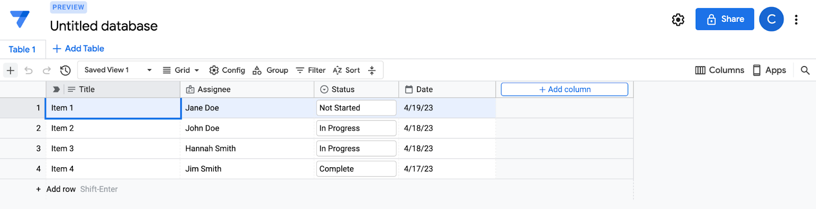 Image d'une nouvelle base de données type dans l'éditeur de base de données AppSheet