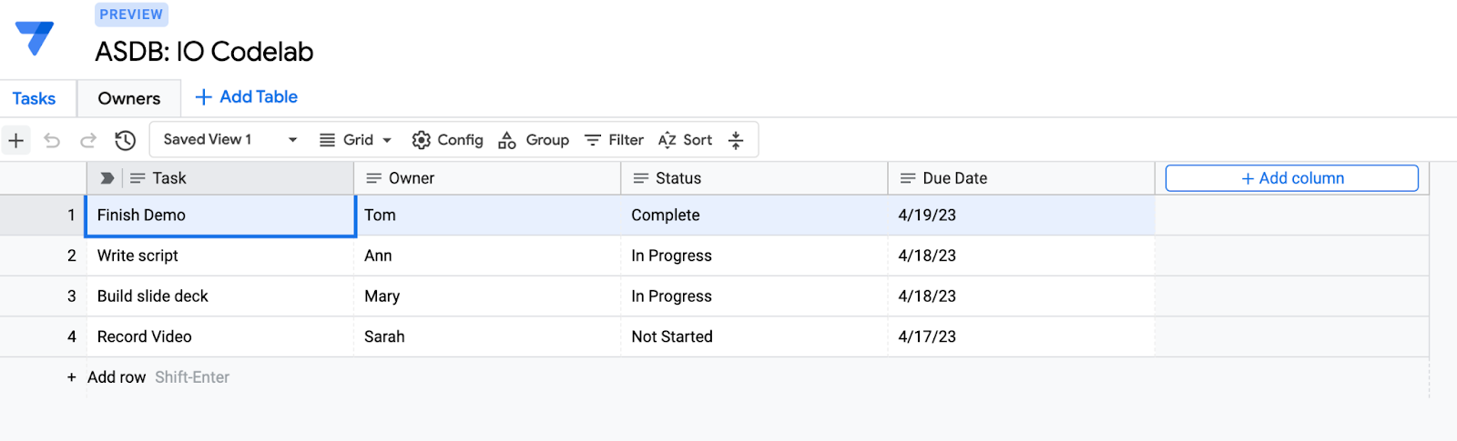 Screenshot der generierten AppSheet-Datenbank aus einer Tabelle im Datenbankeditor 