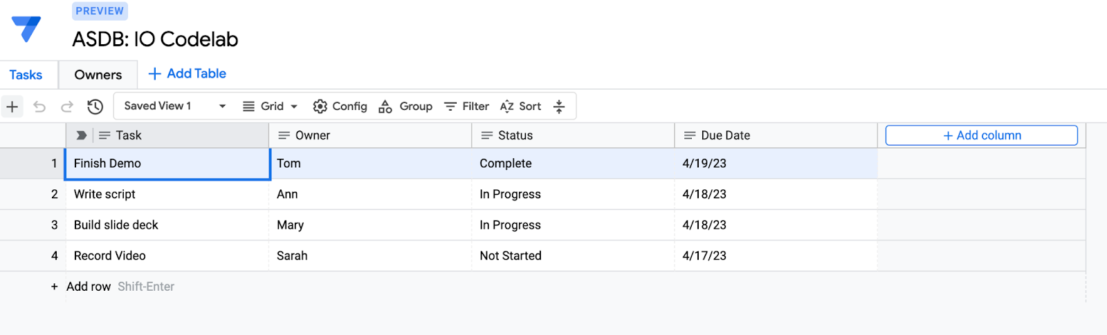 在数据库编辑器中，从表格生成的 AppSheet 数据库的屏幕截图。