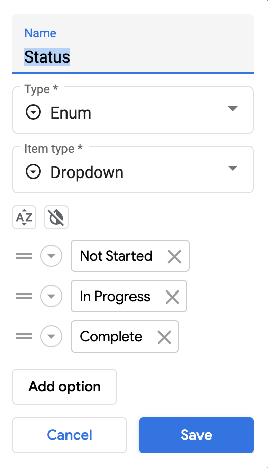 Property-Editor für „Status“ Spalte. Typ: „Enum“ und Elementtyp: „Drop-down“. verwendet werden.