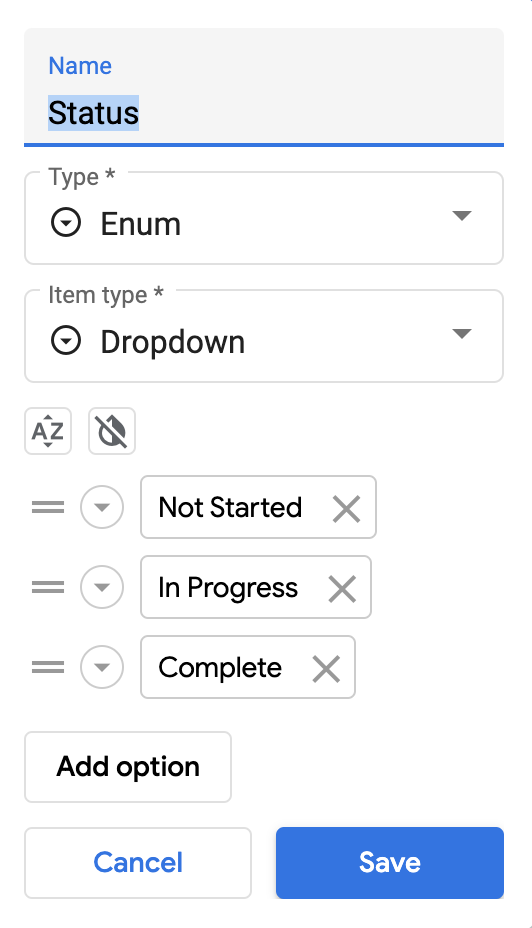 Éditeur de propriétés pour la colonne "Status" (Statut). Les options utilisées sont : "Type" : "Enum" (Énumération) et "Item type" (Type d'élément) : "Dropdown" (Menu déroulant)