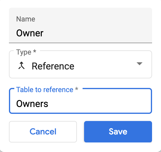 Boîte de dialogue de définition du champ "Type" sur "Reference" (Référence) et du champ "Table to reference" (Table de référence) sur "Owners" (Propriétaires)