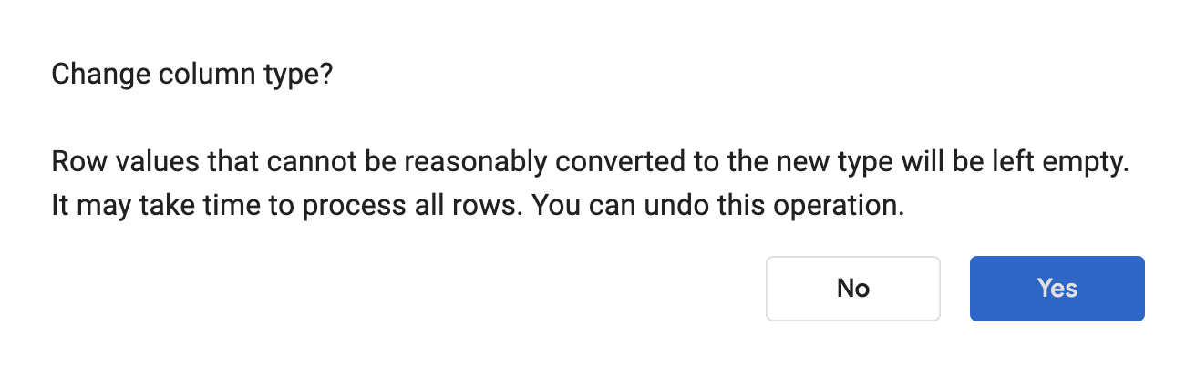 กล่องโต้ตอบเปลี่ยนประเภทคอลัมน์ "ใช่/ไม่ใช่"