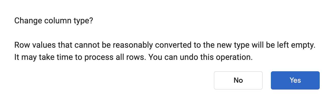 Caixa de diálogo "Sim/Não" para mudar o tipo da coluna.