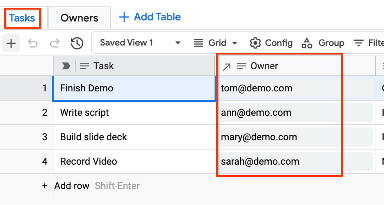 The Owner column of the Tasks table showing email addresses since the referred Owners table's Email column was set as the column label.