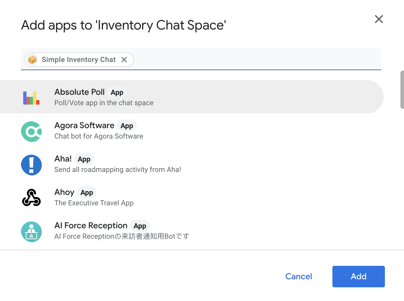Screenshot menambahkan aplikasi ke Ruang Chat.