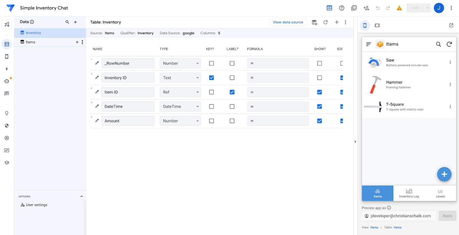 AppSheet 編輯器中的簡易商品目錄應用程式範本文案。