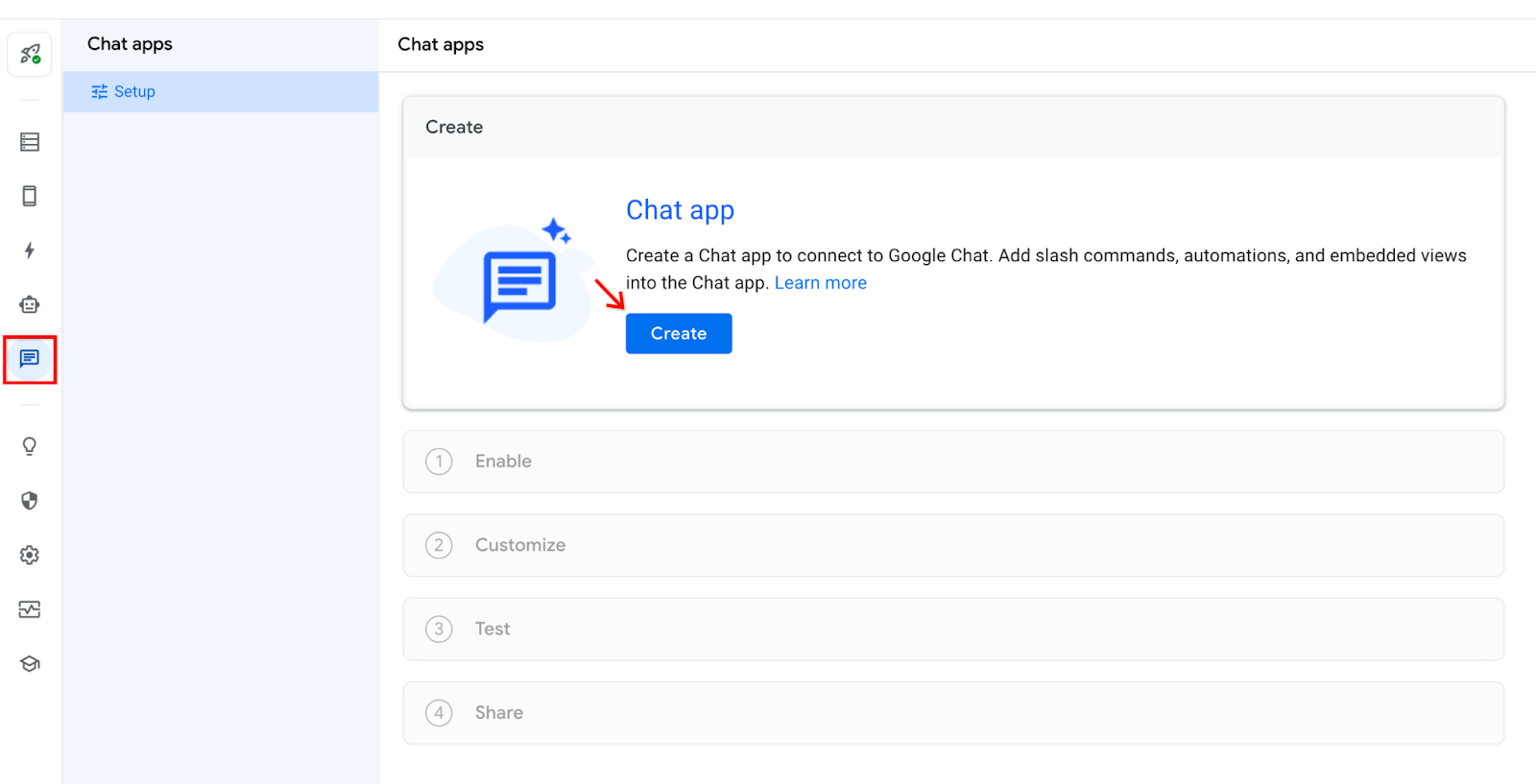 Página de configuración de Chat en el editor de AppSheet