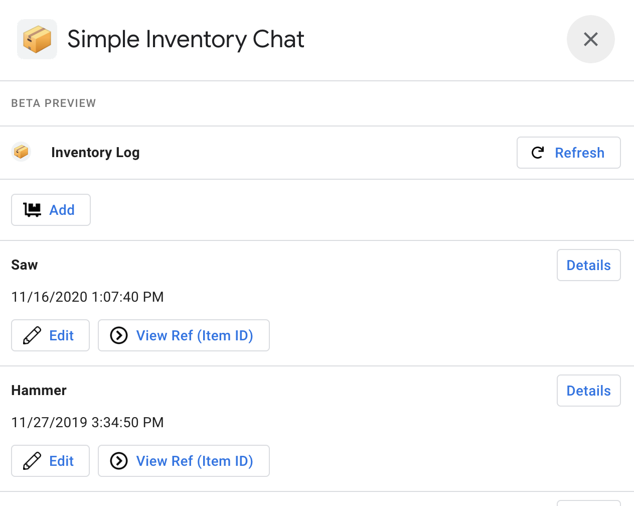 Inventory Chat ऐप्लिकेशन.