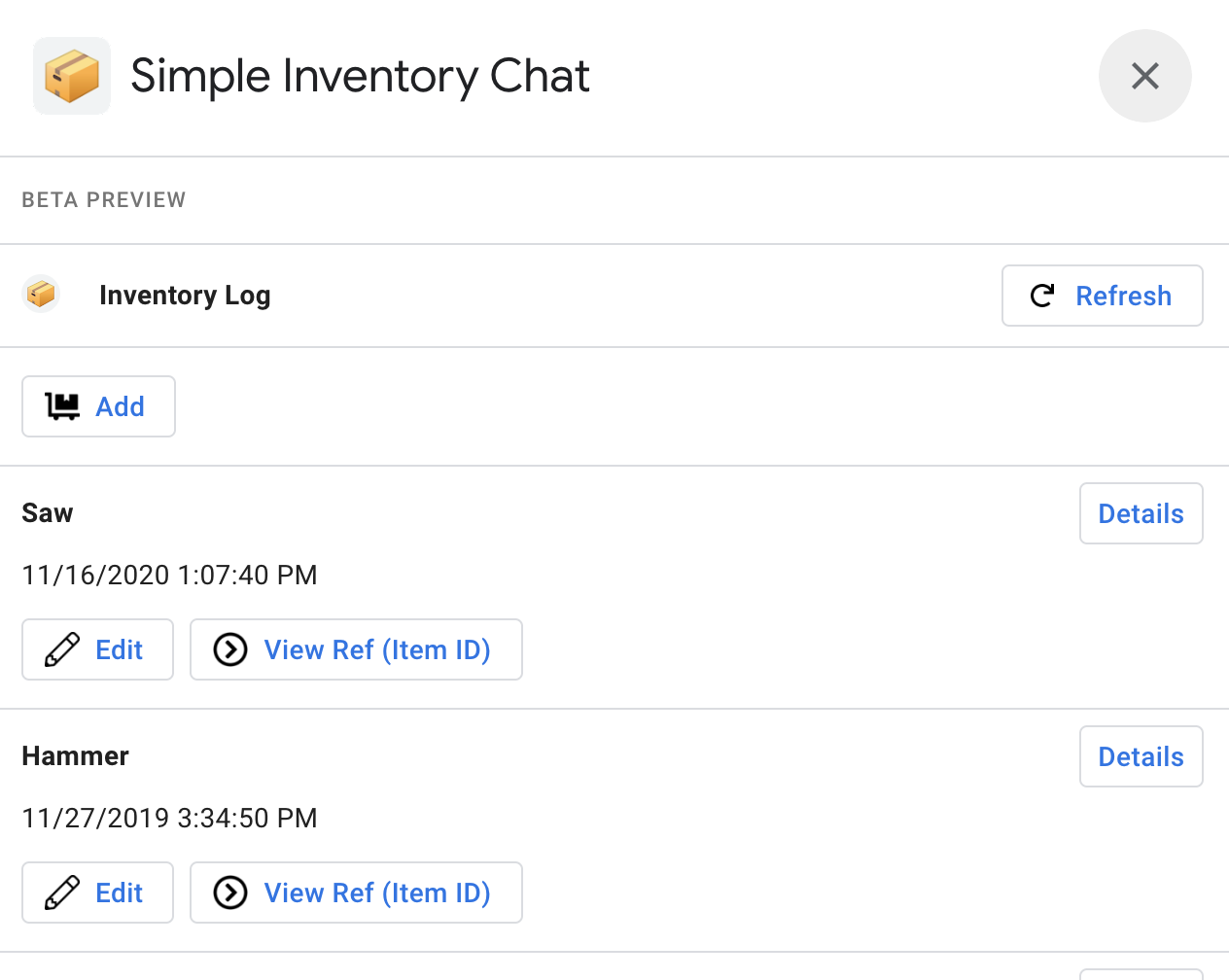 Ứng dụng Simple Inventory (Trò chuyện) Khoảng không quảng cáo đơn giản.